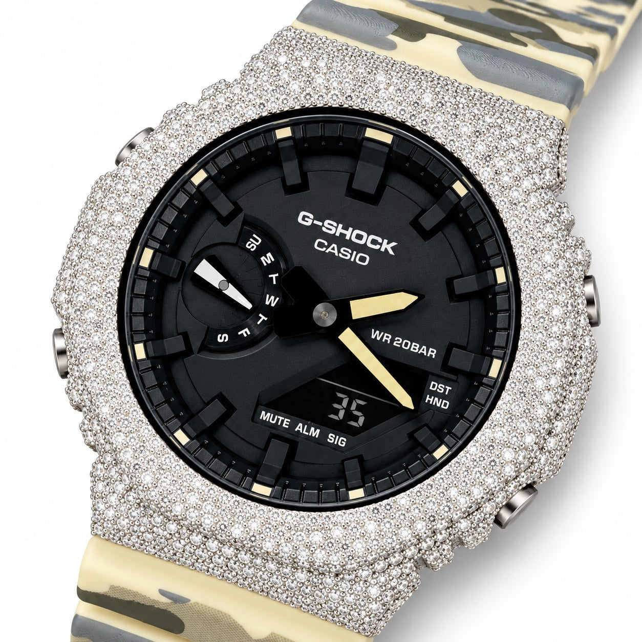 Iced out moissanite G-Shock GA-2100 watch with black dial and cream camo band – custom iced G-Shock