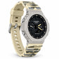 Iced out moissanite G-Shock GA-2100 watch with black dial and cream camo band – moissanite bust down watch