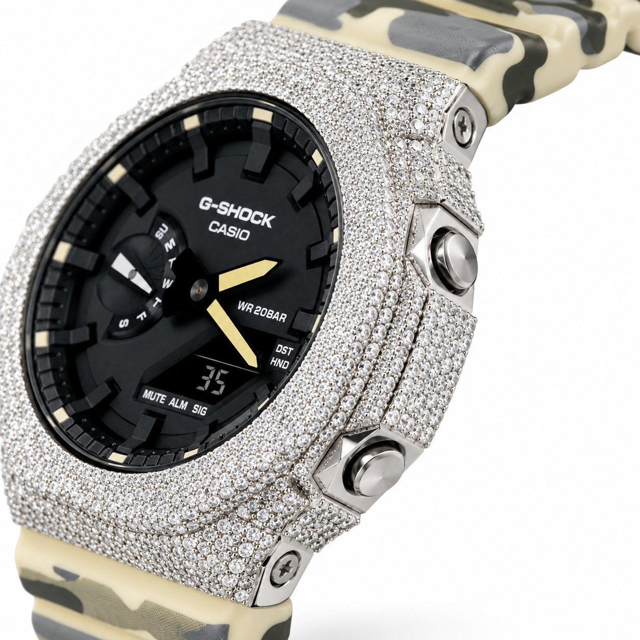 Iced out moissanite G-Shock GA-2100 watch with black dial and cream camo band – iced out CasiOak