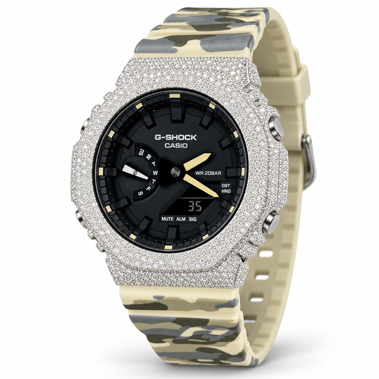 Iced out moissanite G-Shock GA-2100 watch with black dial and cream camo band – hip hop moissanite watch