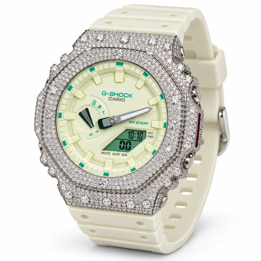 Iced out moissanite G-Shock GA-2100 watch with cream white dial and band – front view