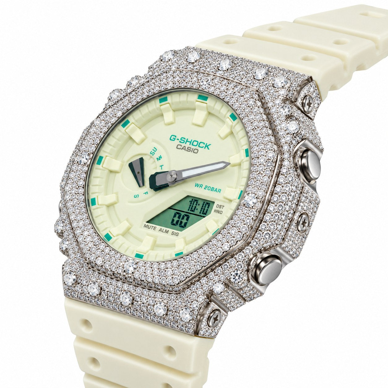 Iced out moissanite G-Shock GA-2100 watch with cream white dial and band – fully iced moissanite case and bezel