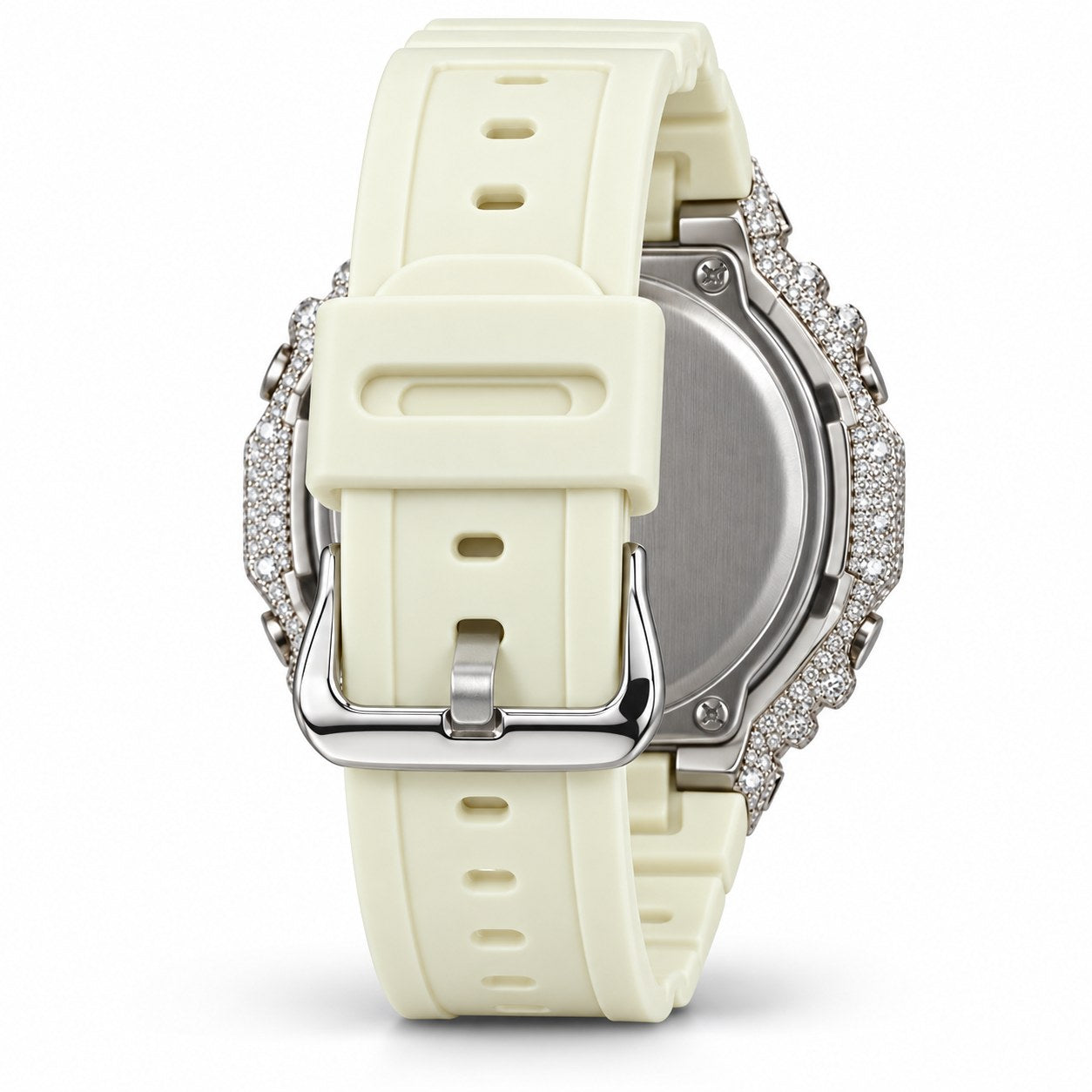 Iced out moissanite G-Shock GA-2100 watch with cream white dial and band – men's hip hop iced out watch