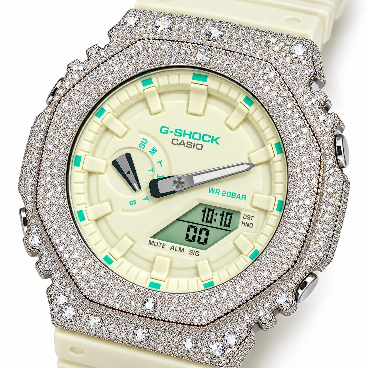 Iced out moissanite G-Shock GA-2100 watch with cream white dial and band – iced out CasiOak