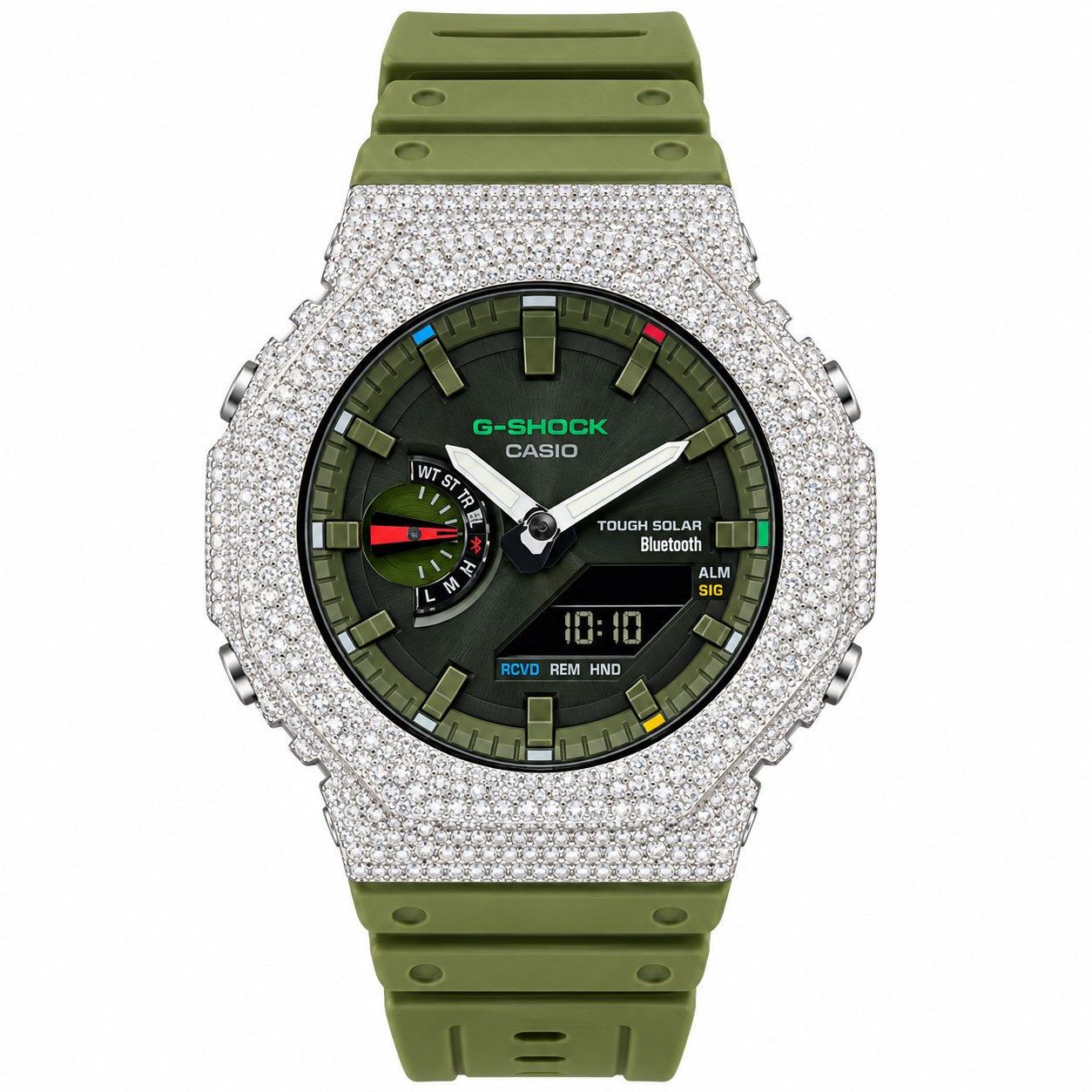Iced out moissanite G-Shock GA-2100 watch with olive green dial and band – fully iced moissanite case and bezel