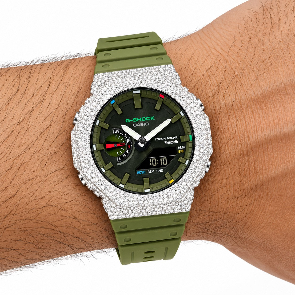 Iced out moissanite G-Shock GA-2100 watch with olive green dial and band – men's hip hop iced out watch