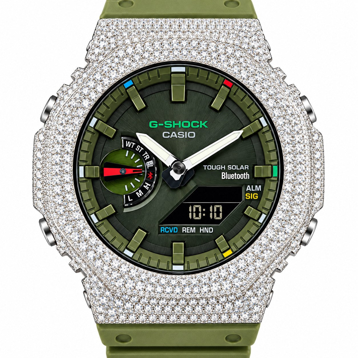 Iced out moissanite G-Shock GA-2100 watch with olive green dial and band – front view