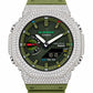 Iced out moissanite G-Shock GA-2100 watch with olive green dial and band – front view