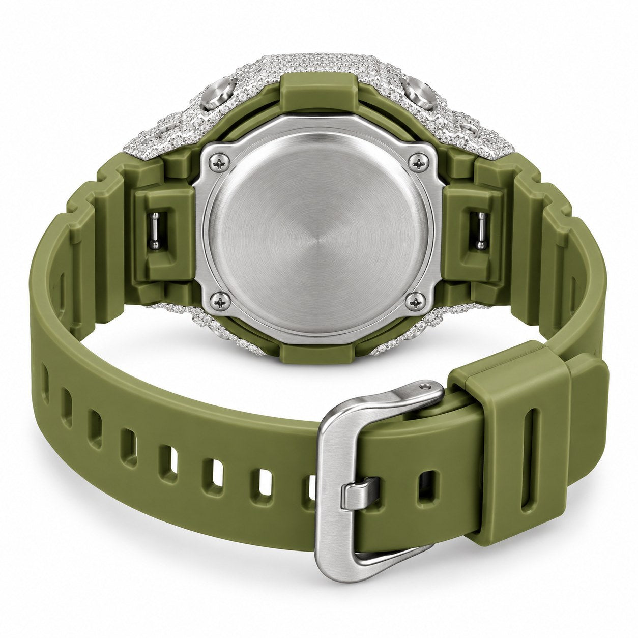 Iced out moissanite G-Shock GA-2100 watch with olive green dial and band – custom iced G-Shock