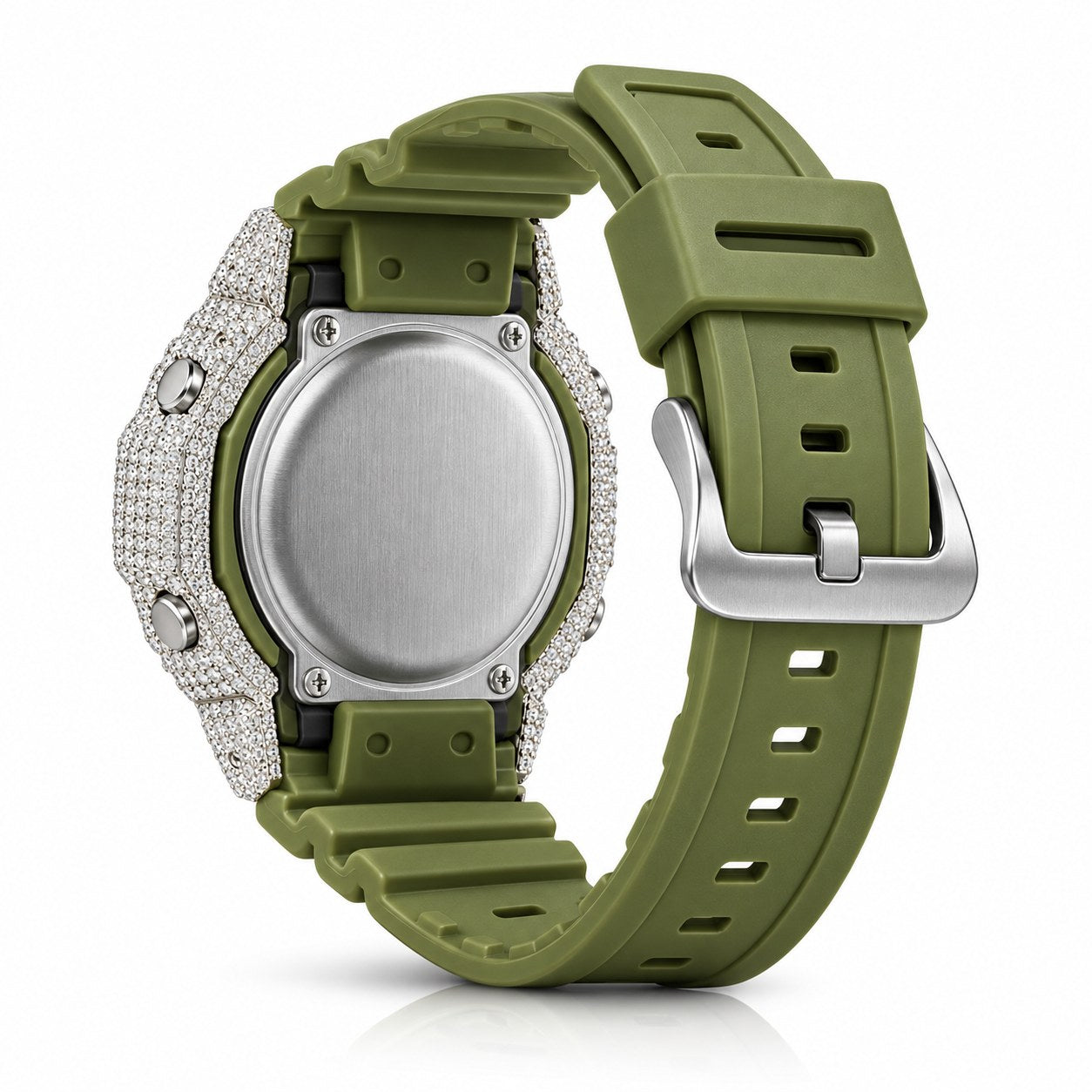 Iced out moissanite G-Shock GA-2100 watch with olive green dial and band – moissanite bust down watch