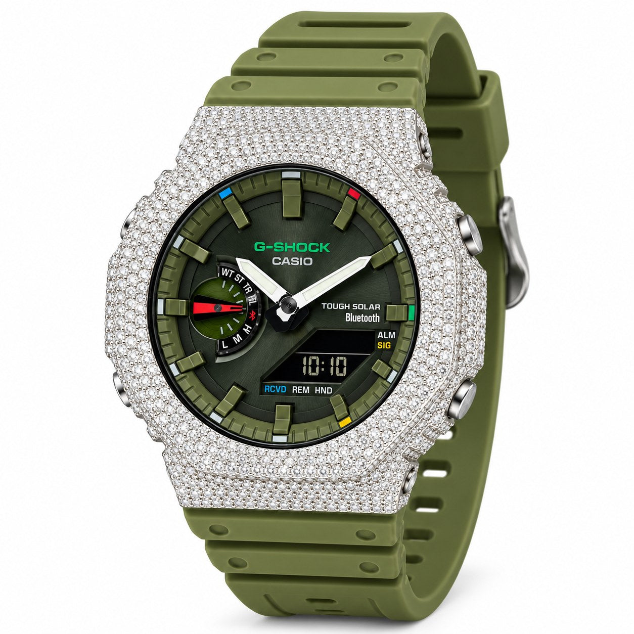 Iced out moissanite G-Shock GA-2100 watch with olive green dial and band – iced out CasiOak