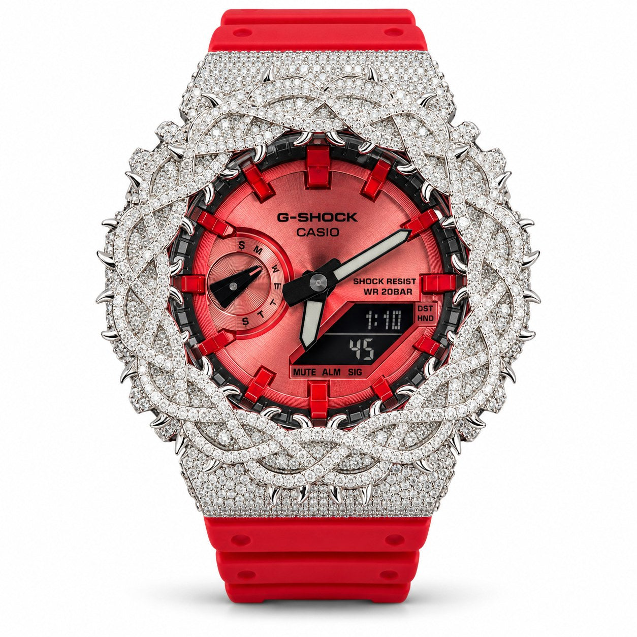 Iced out moissanite G-Shock GA-2100 watch with red dial and barbed wire bezel – front view
