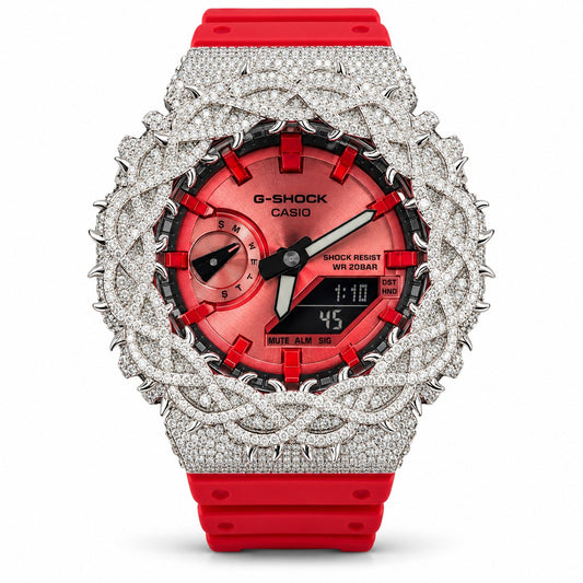 Iced out moissanite G-Shock GA-2100 watch with red dial and barbed wire bezel – front view