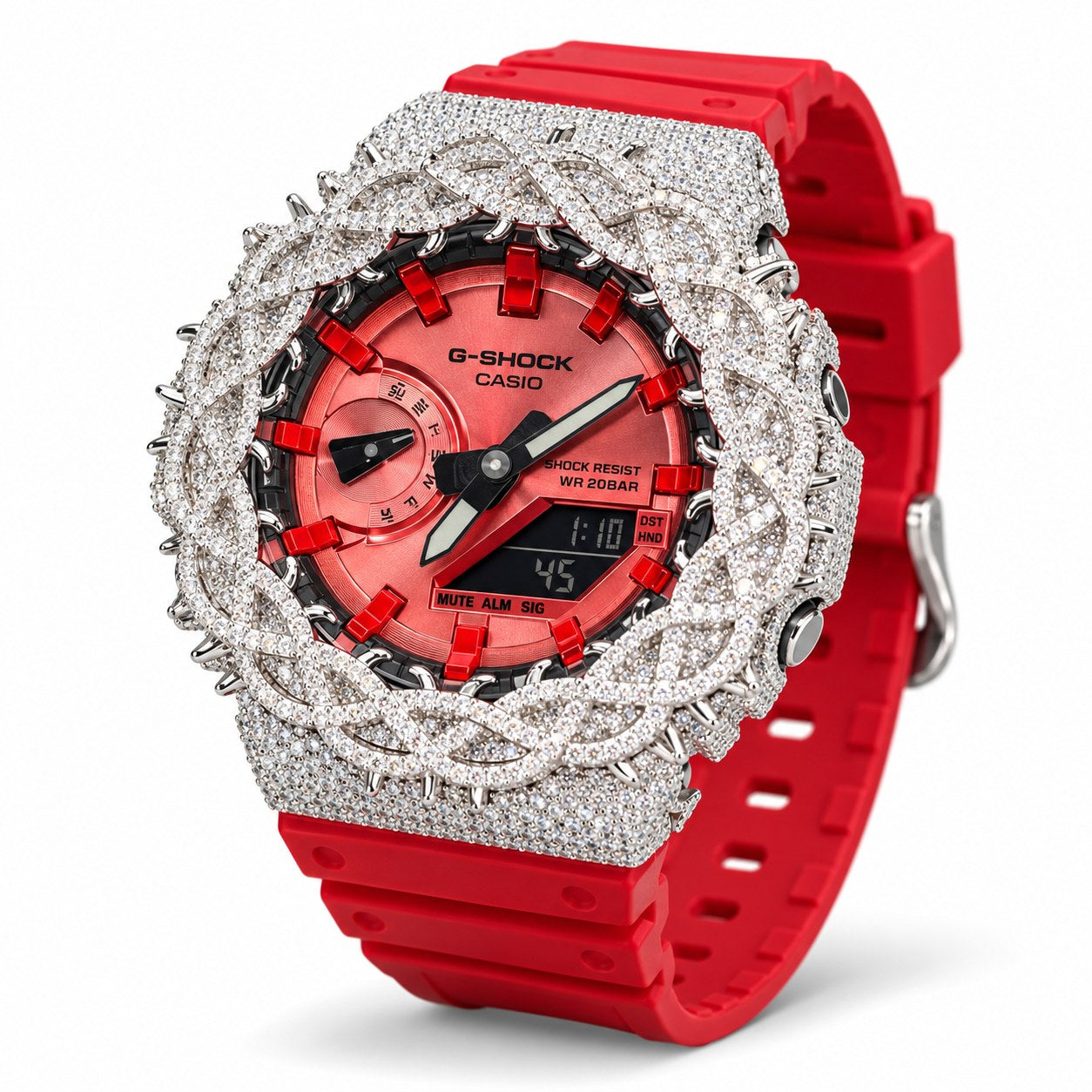 Iced out moissanite G-Shock GA-2100 watch with red dial and barbed wire bezel – custom bust down CasiOak