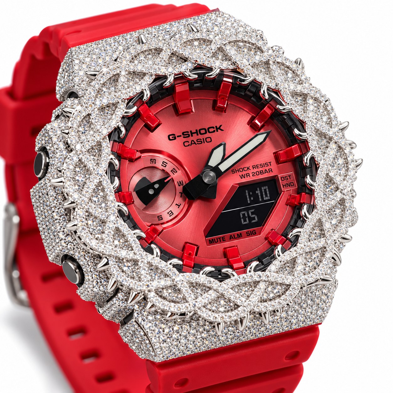 Iced out moissanite G-Shock GA-2100 watch with red dial and barbed wire bezel – fully iced moissanite case and bezel