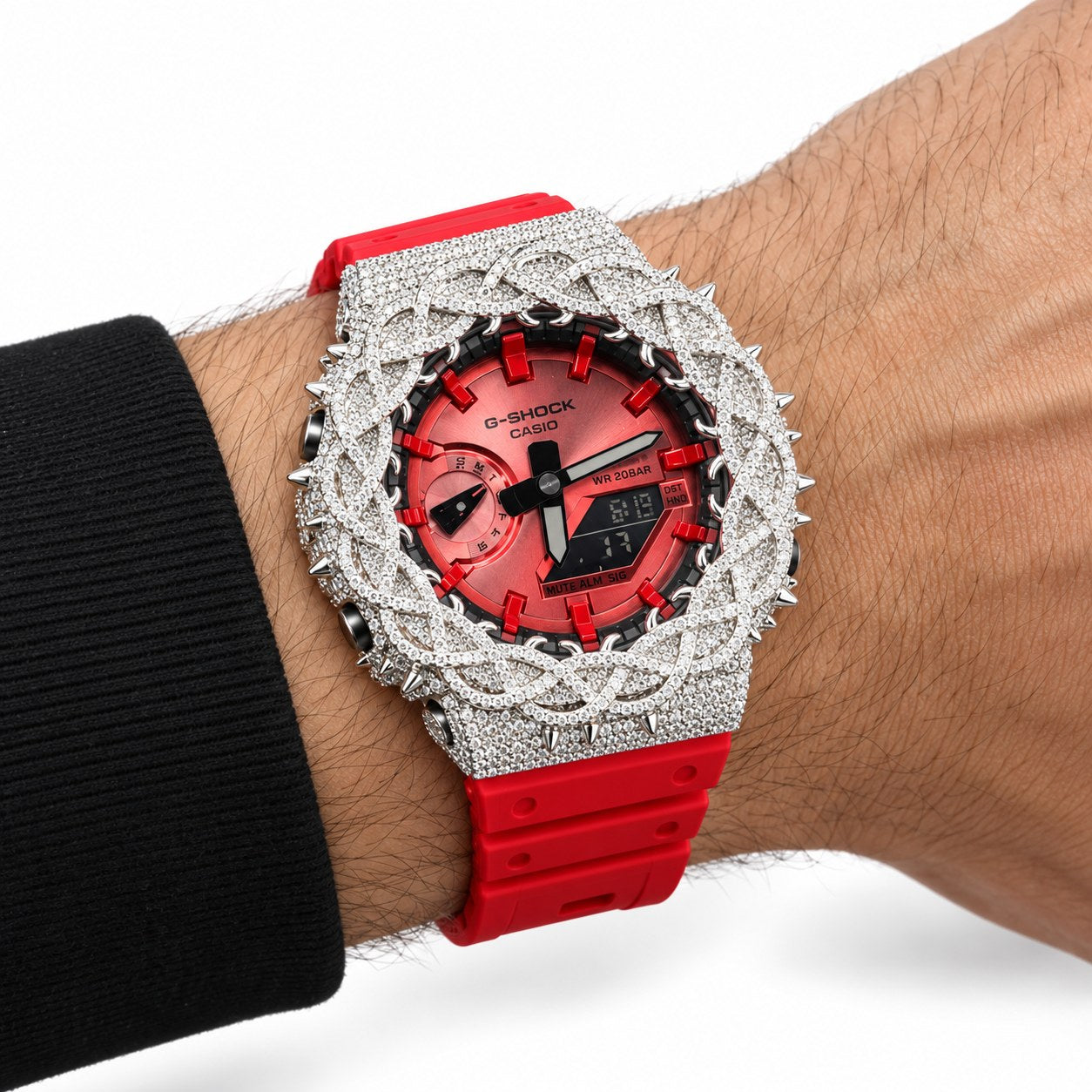 Iced out moissanite G-Shock GA-2100 watch with red dial and barbed wire bezel – men's hip hop iced out watch