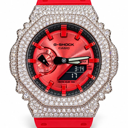 Iced out moissanite G-Shock GA-2100 watch with red dial and red band – front view
