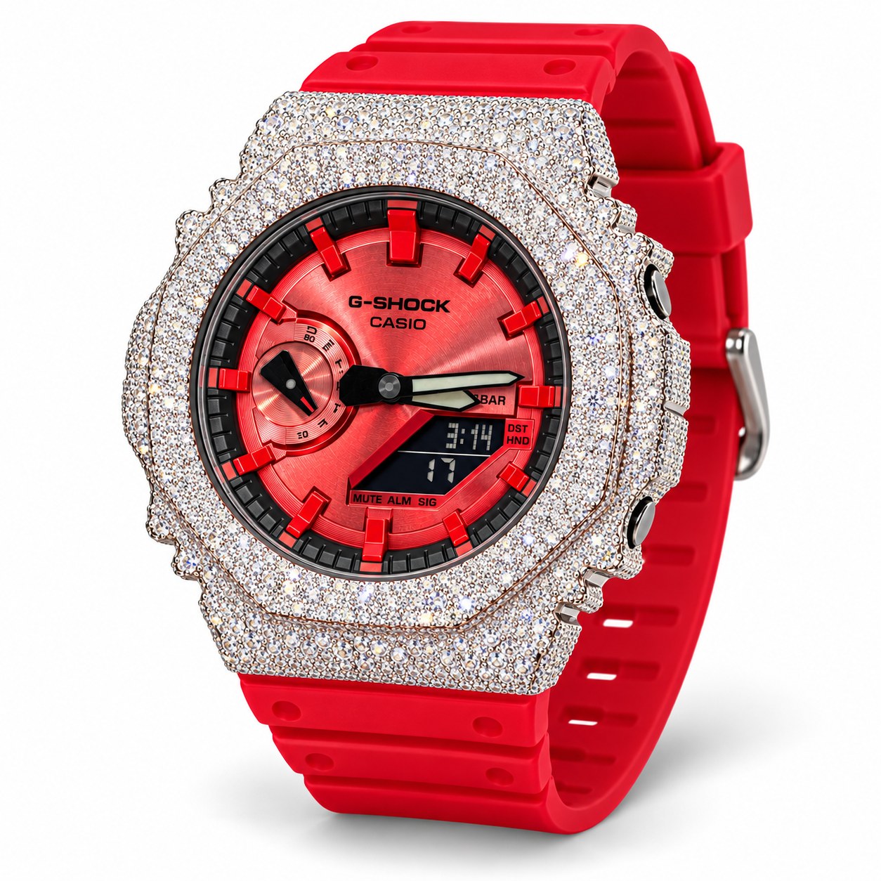 Iced out moissanite G-Shock GA-2100 watch with red dial and red band – custom bust down CasiOak