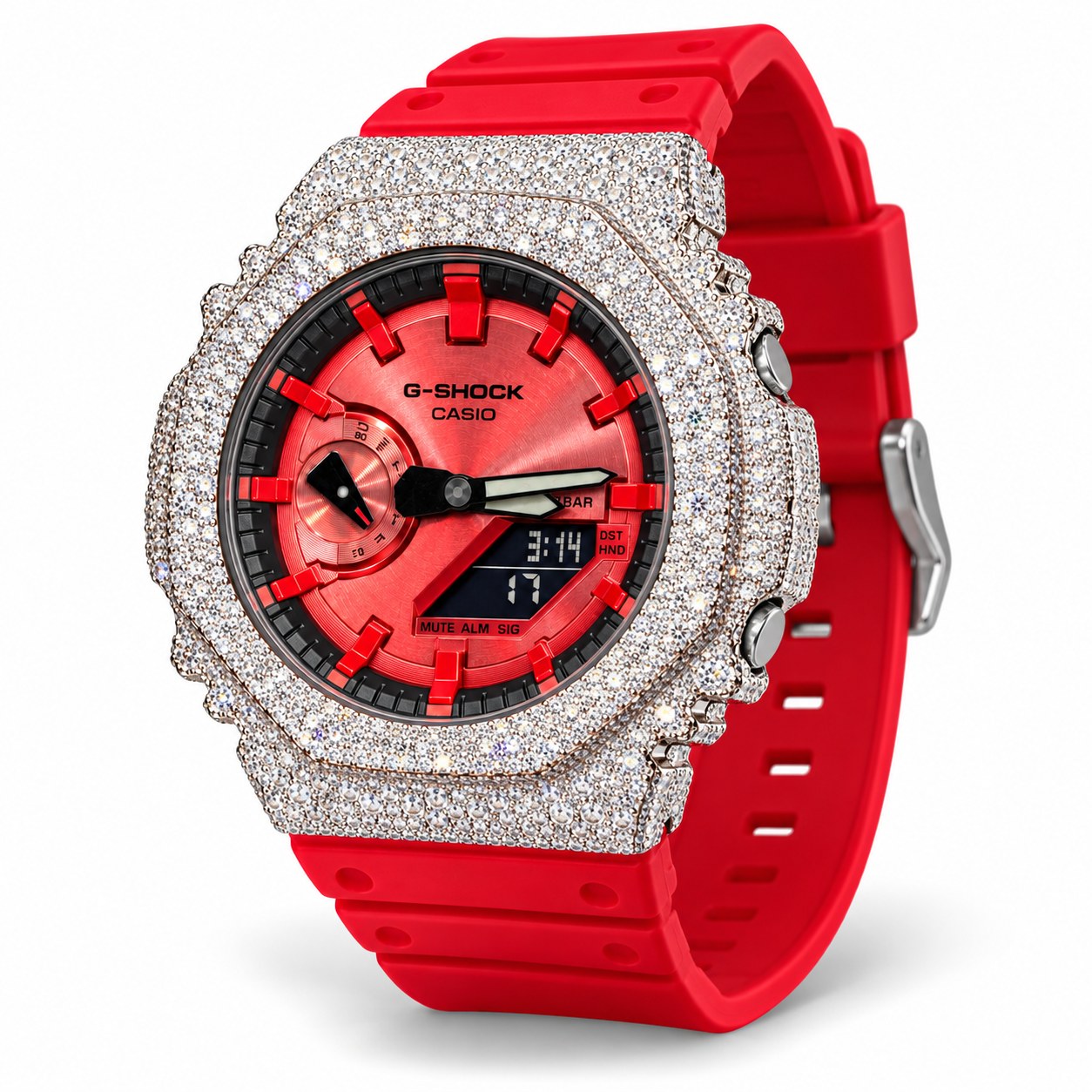 Iced out moissanite G-Shock GA-2100 watch with red dial and red band – fully iced moissanite case and bezel