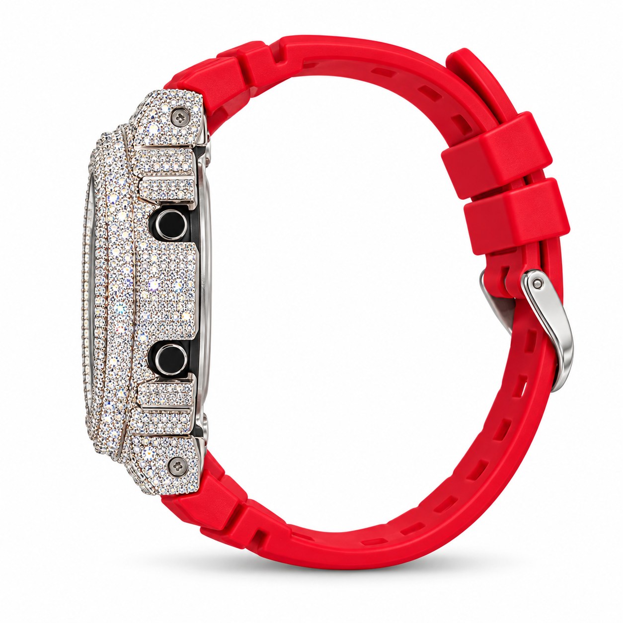 Iced out moissanite G-Shock GA-2100 watch with red dial and red band – men's hip hop iced out watch