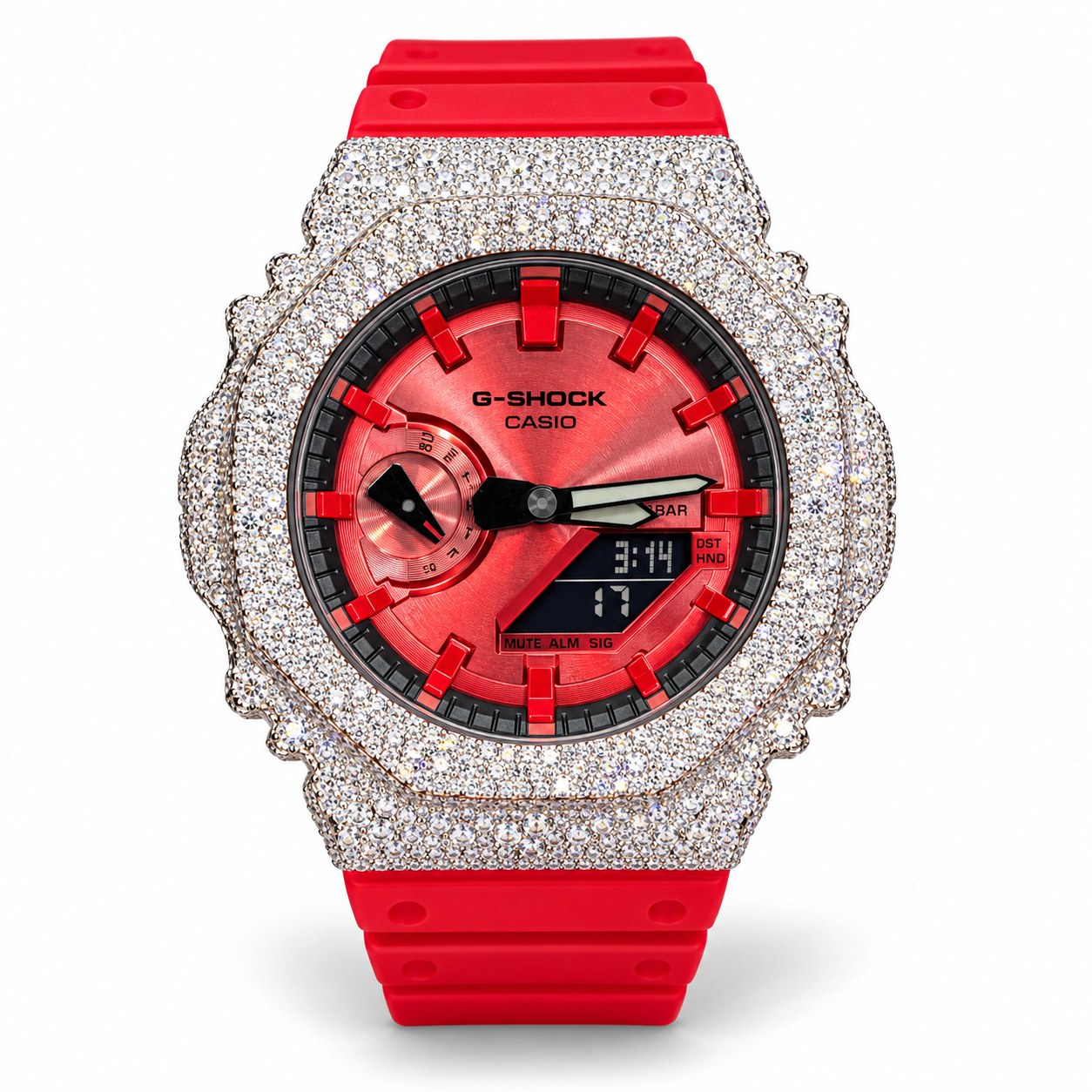 Iced out moissanite G-Shock GA-2100 watch with red dial and red band – custom iced G-Shock