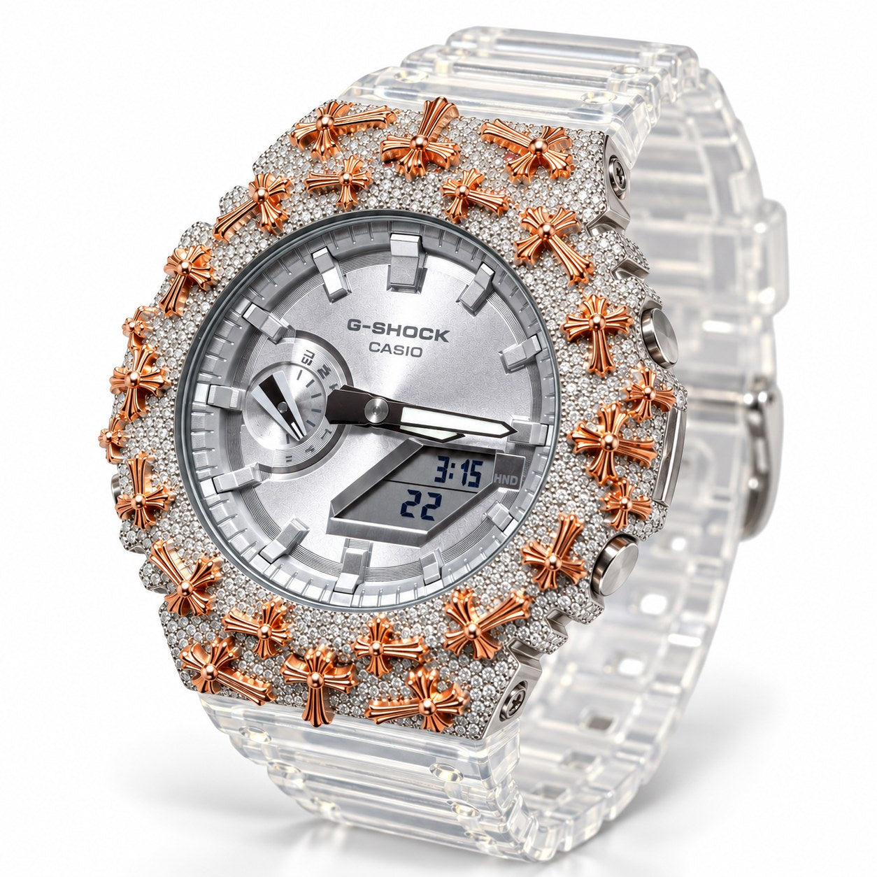 Iced out moissanite G-Shock GA-2100 watch with rose cross bezel and clear band – custom bust down CasiOak