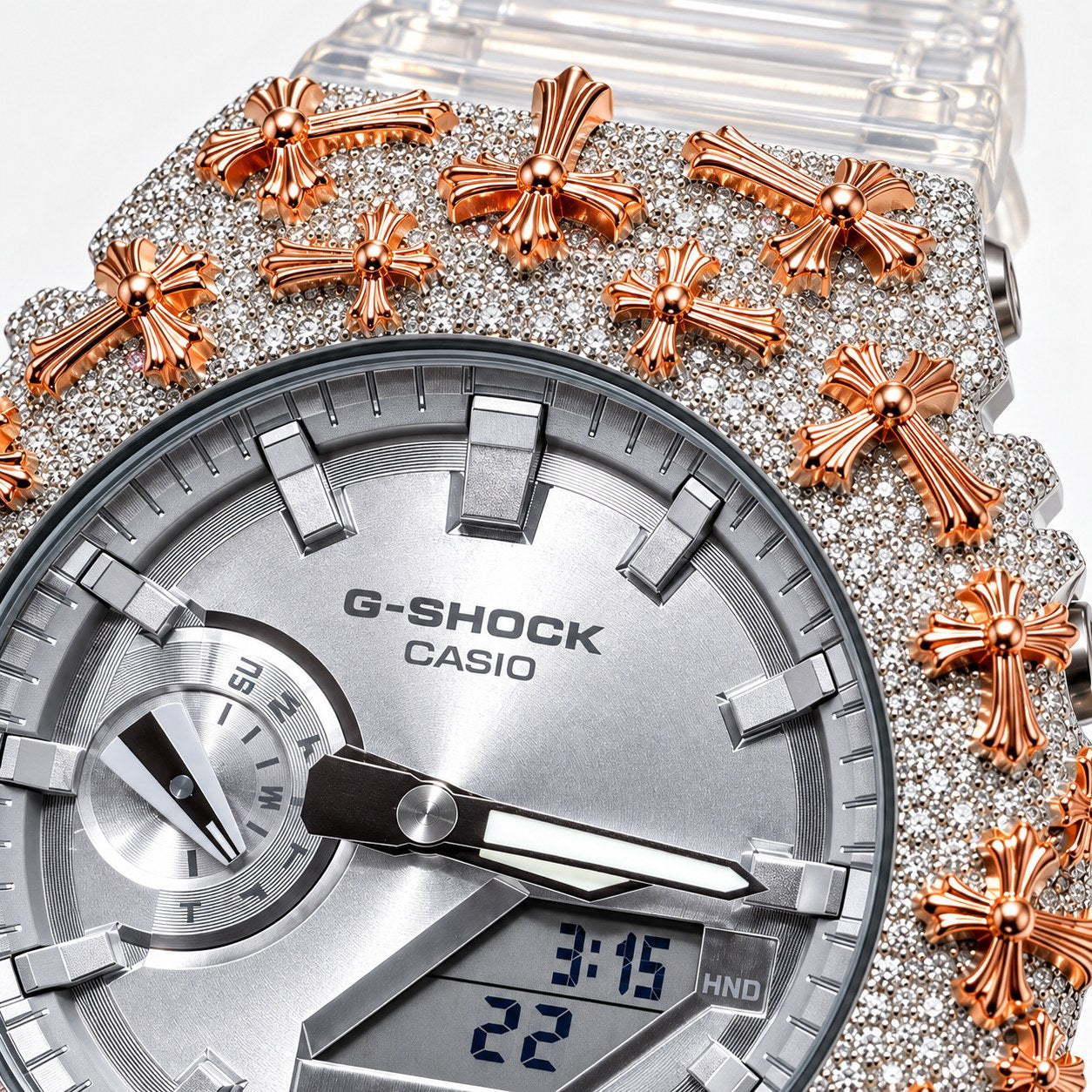 Iced out moissanite G-Shock GA-2100 watch with rose cross bezel and clear band – fully iced moissanite case and bezel