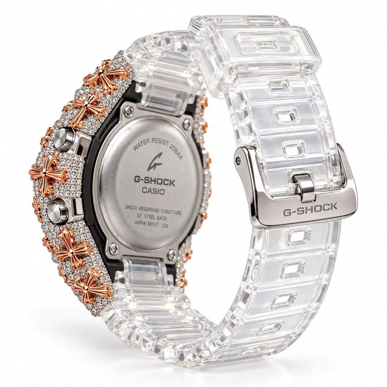Iced out moissanite G-Shock GA-2100 watch with rose cross bezel and clear band – men's hip hop iced out watch