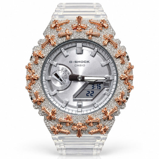 Iced out moissanite G-Shock GA-2100 watch with rose cross bezel and clear band – front view