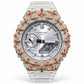 Iced out moissanite G-Shock GA-2100 watch with rose cross bezel and clear band – front view