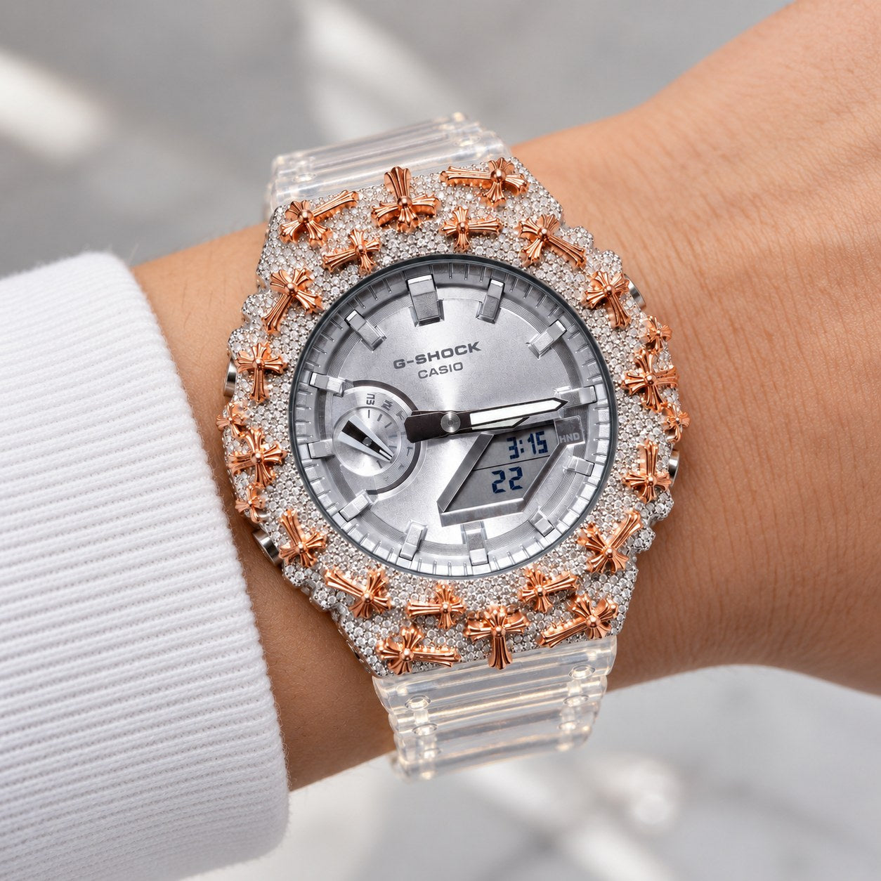 Iced out moissanite G-Shock GA-2100 watch with rose cross bezel and clear band – custom iced G-Shock