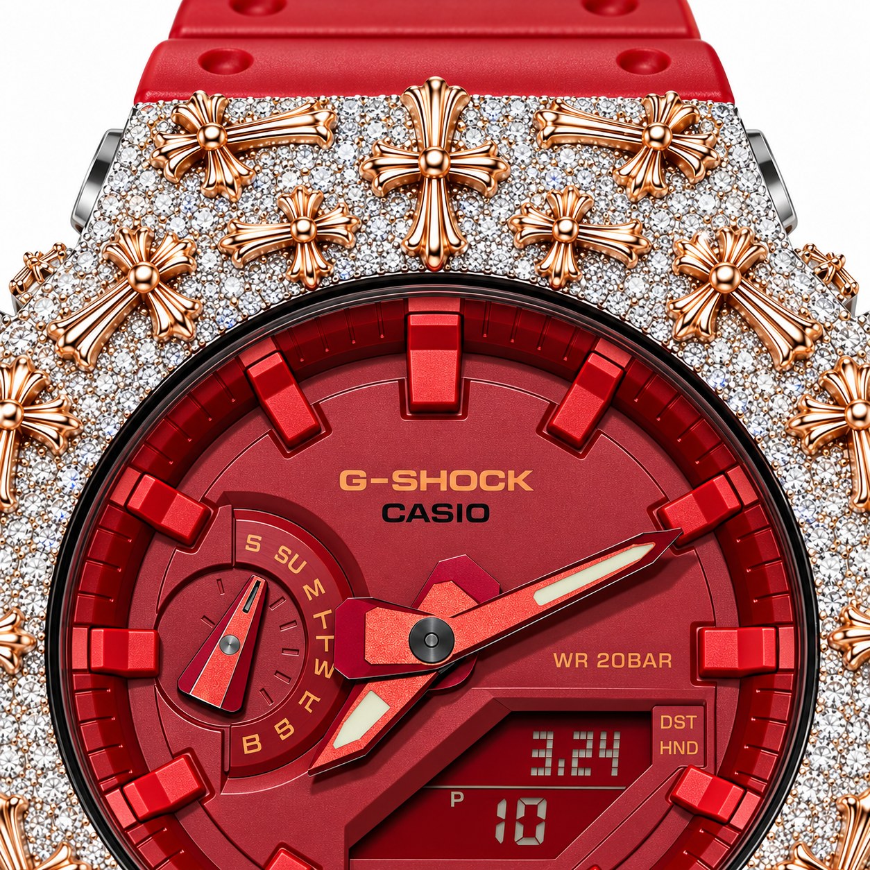 Iced out moissanite G-Shock GA-2100 watch with rose cross bezel and red dial – custom bust down CasiOak