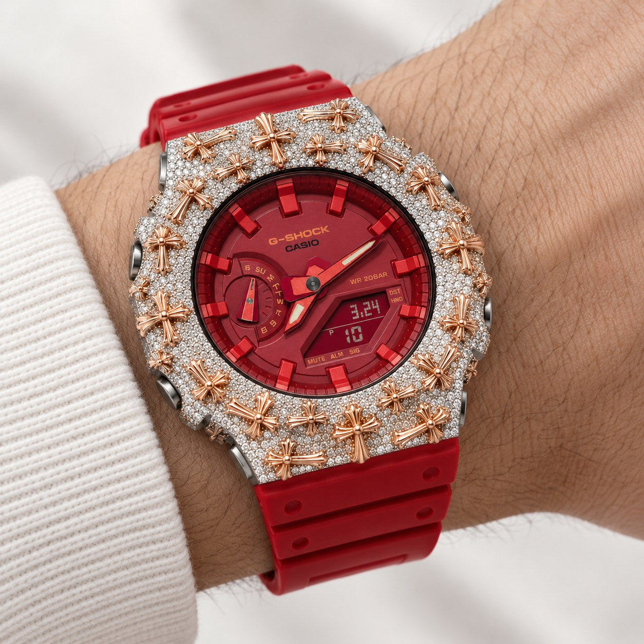 Iced out moissanite G-Shock GA-2100 watch with rose cross bezel and red dial – fully iced moissanite case and bezel