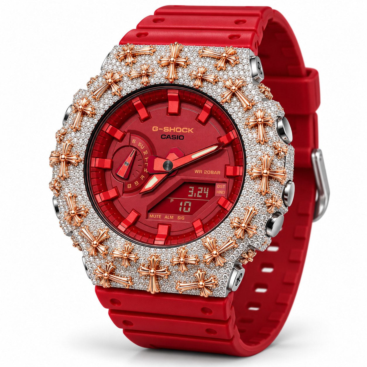 Iced out moissanite G-Shock GA-2100 watch with rose cross bezel and red dial – men's hip hop iced out watch