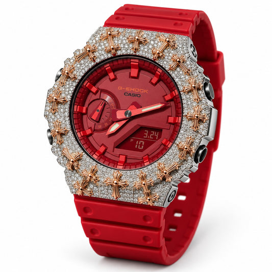 Iced out moissanite G-Shock GA-2100 watch with rose cross bezel and red dial – front view