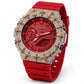 Iced out moissanite G-Shock GA-2100 watch with rose cross bezel and red dial – front view