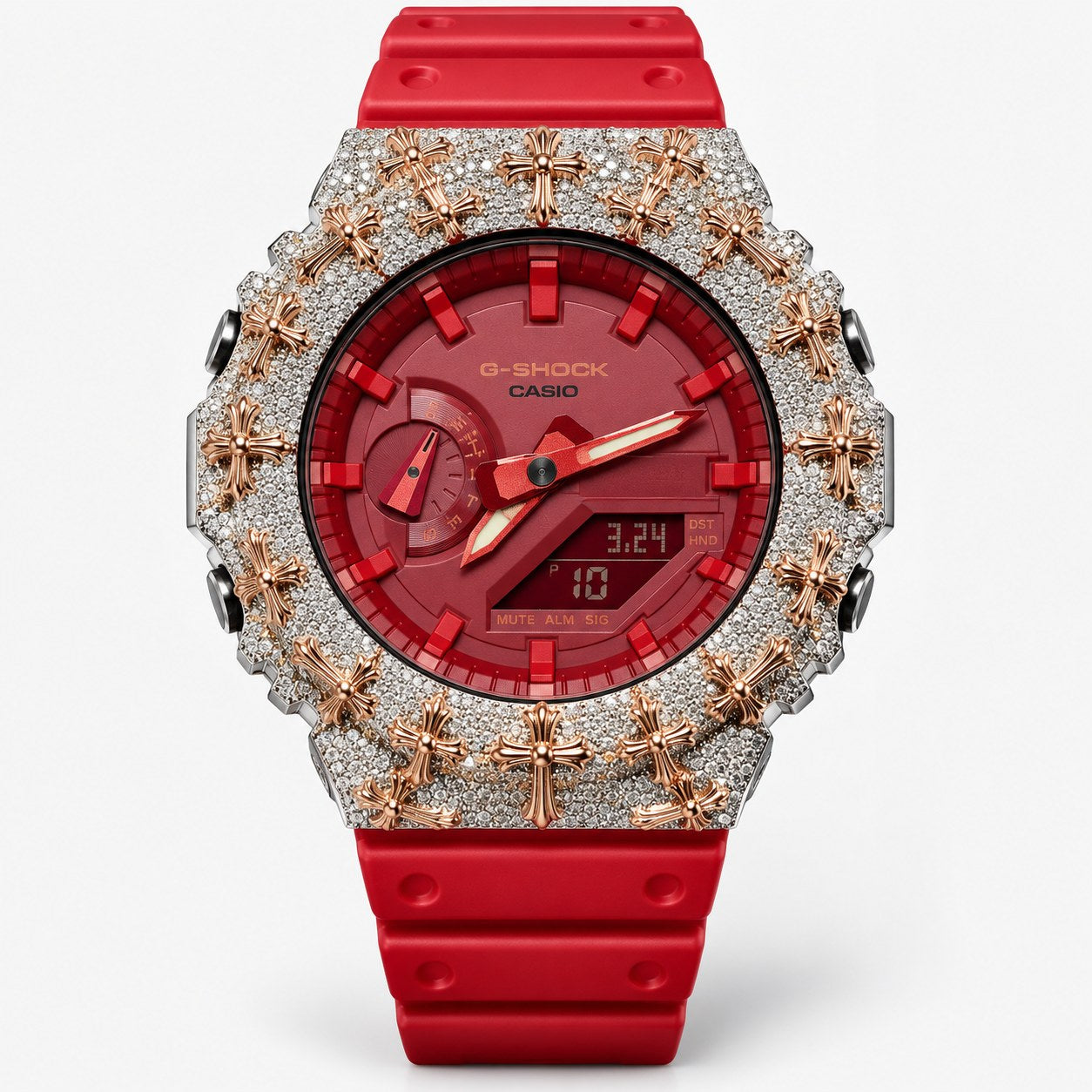 Iced out moissanite G-Shock GA-2100 watch with rose cross bezel and red dial – custom iced G-Shock