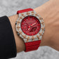 Iced out moissanite G-Shock GA-2100 watch with rose cross bezel and red dial – moissanite bust down watch