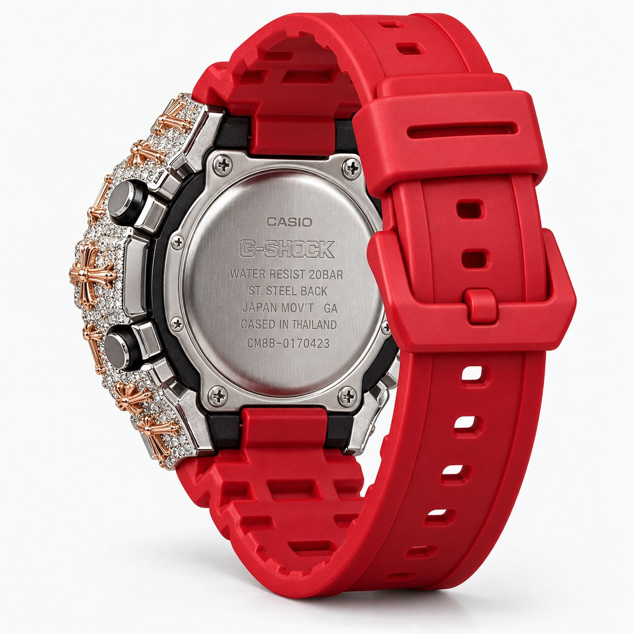 Iced out moissanite G-Shock GA-2100 watch with rose cross bezel and red dial – iced out CasiOak