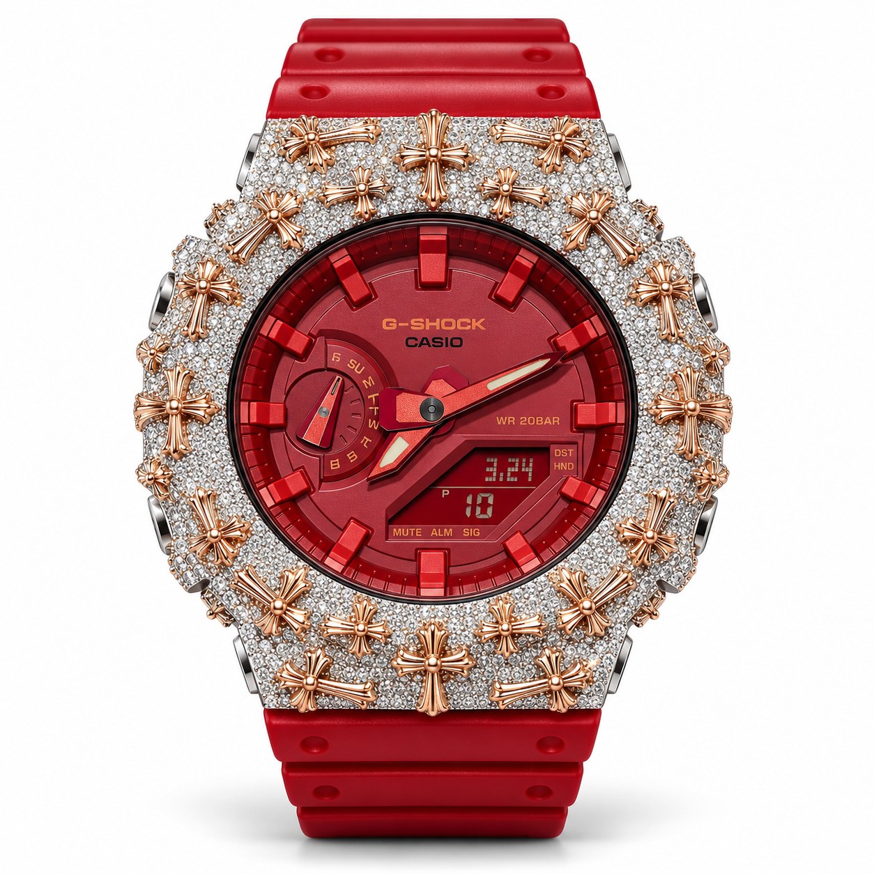 Iced out moissanite G-Shock GA-2100 watch with rose cross bezel and red dial – hip hop moissanite watch
