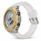Iced out moissanite G-Shock GA-2100 watch with two-tone iced bezel and clear band – custom bust down CasiOak