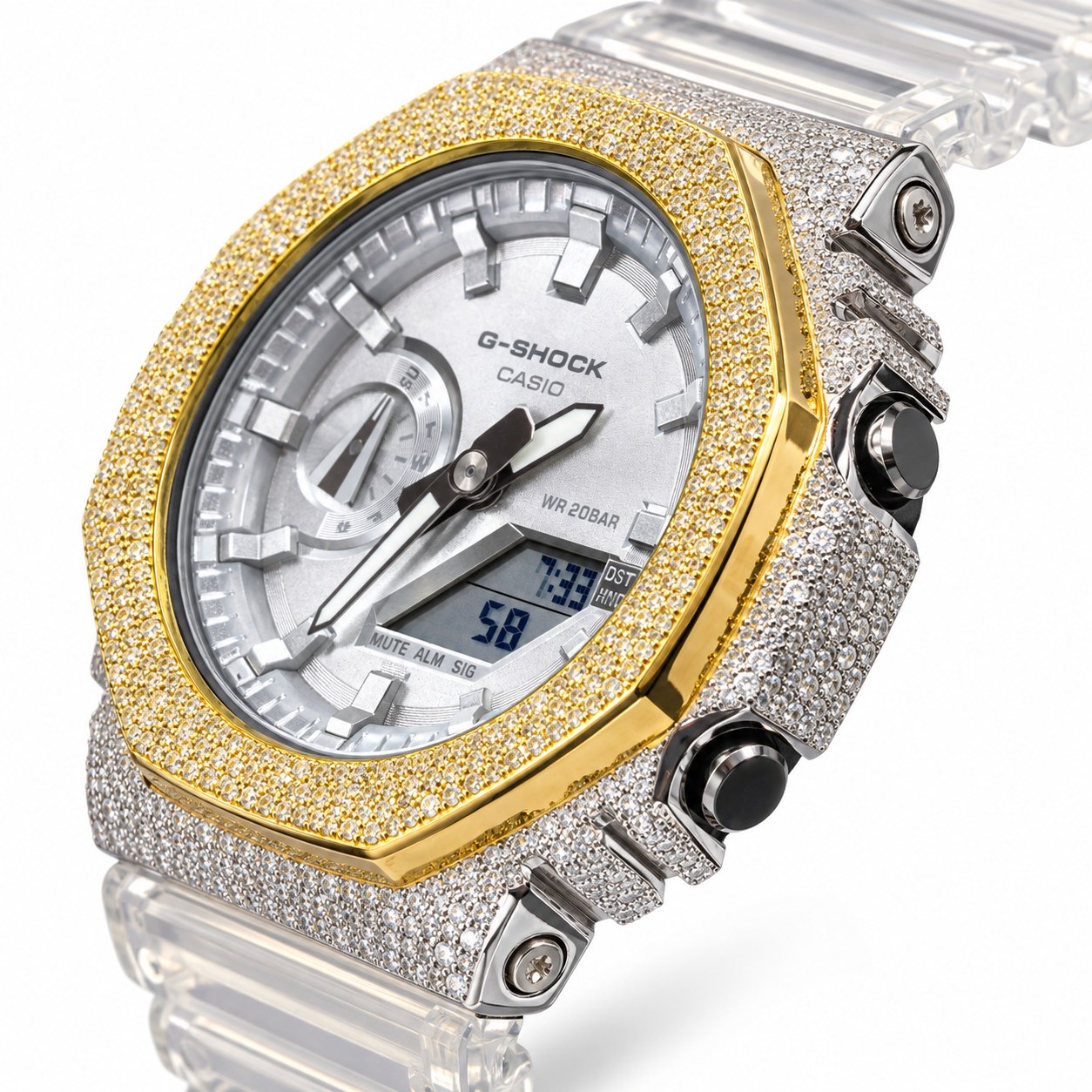 Iced out moissanite G-Shock GA-2100 watch with two-tone iced bezel and clear band – fully iced moissanite case and bezel