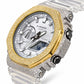 Iced out moissanite G-Shock GA-2100 watch with two-tone iced bezel and clear band – fully iced moissanite case and bezel