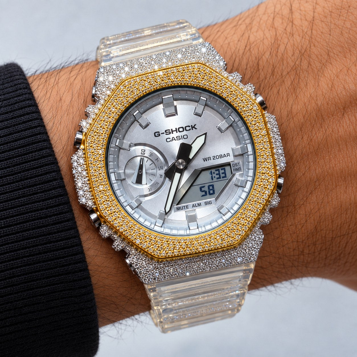 Iced out moissanite G-Shock GA-2100 watch with two-tone iced bezel and clear band – men's hip hop iced out watch