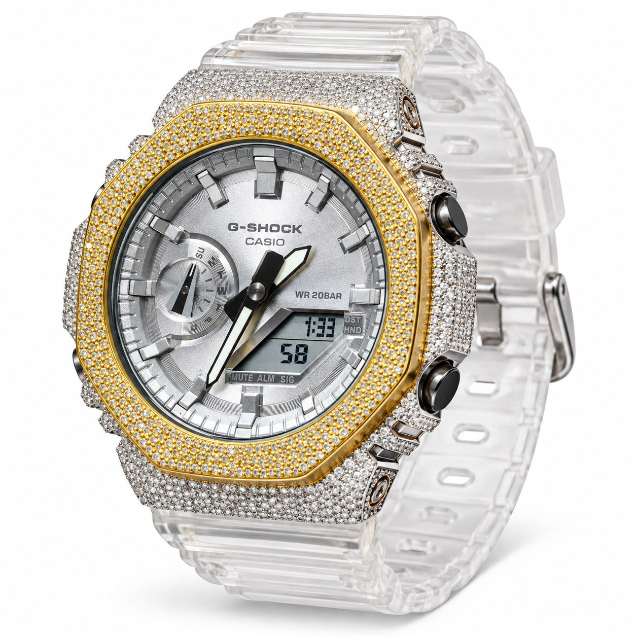Iced out moissanite G-Shock GA-2100 watch with two-tone iced bezel and clear band – custom iced G-Shock