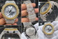 Iced out moissanite G-Shock GA-2100 watch with two-tone iced bezel and clear band – moissanite bust down watch
