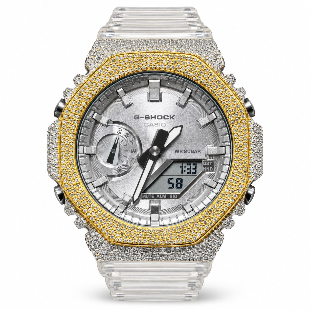 Iced out moissanite G-Shock GA-2100 watch with two-tone iced bezel and clear band – front view