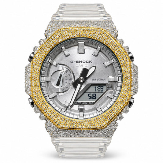 Iced out moissanite G-Shock GA-2100 watch with two-tone iced bezel and clear band – front view