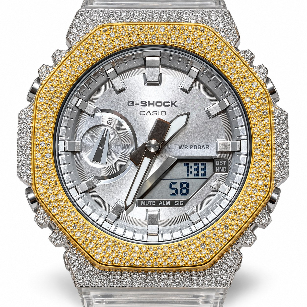 Iced out moissanite G-Shock GA-2100 watch with two-tone iced bezel and clear band – iced out CasiOak