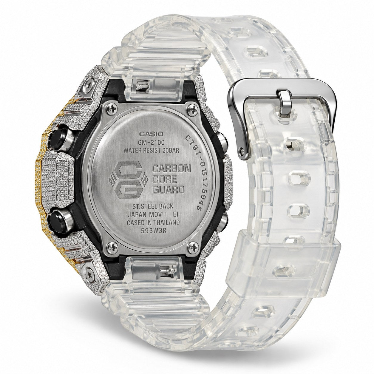 Iced out moissanite G-Shock GA-2100 watch with two-tone iced bezel and clear band – hip hop moissanite watch
